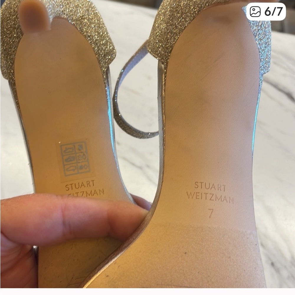 Stuart Weitzman Metallic Silver Glitter Ankle-Strap Heels - Picture 5 of 6